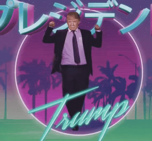 A Man In A Suit And Tie Is Dancing In Front Of A Circle That Says Trump GIF