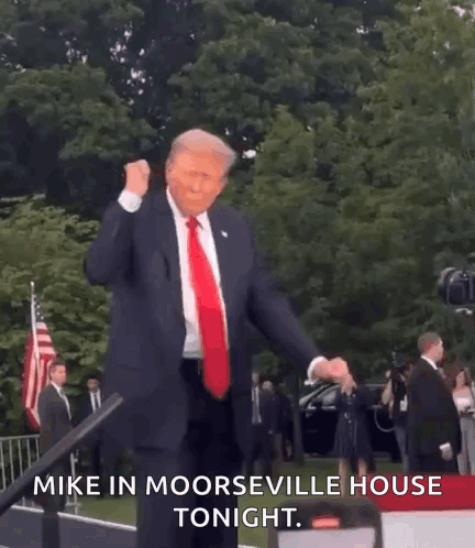 A Man In A Suit And Tie Is Dancing In Front Of A Crowd And Says Mike In Moorseville House Tonight . GIF