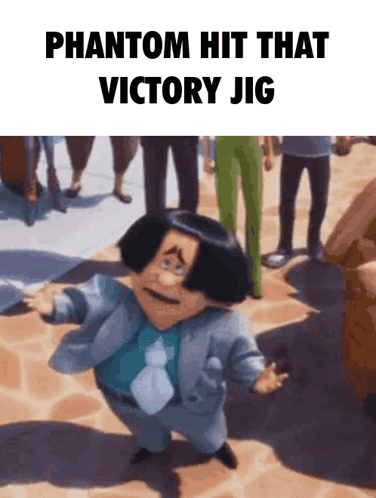 A Man In A Suit And Tie Is Dancing In Front Of A Crowd And Says Phantom Hit That Victory Jig GIF