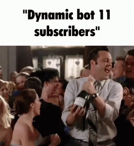 A Man In A Suit And Tie Is Dancing In Front Of A Crowd Of People With The Words " Dynamic Bot 11 Subscribers " GIF