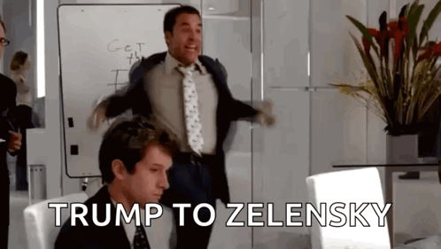 A Man In A Suit And Tie Is Dancing In Front Of A Whiteboard That Says Trump To Zelensky GIF