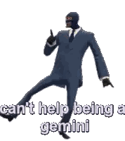 a man in a suit and tie is dancing with the words " can 't help being a gemini " written below him