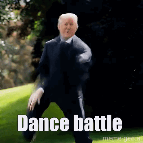 A Man In A Suit And Tie Is Dancing With The Words Dance Battle Above Him GIF