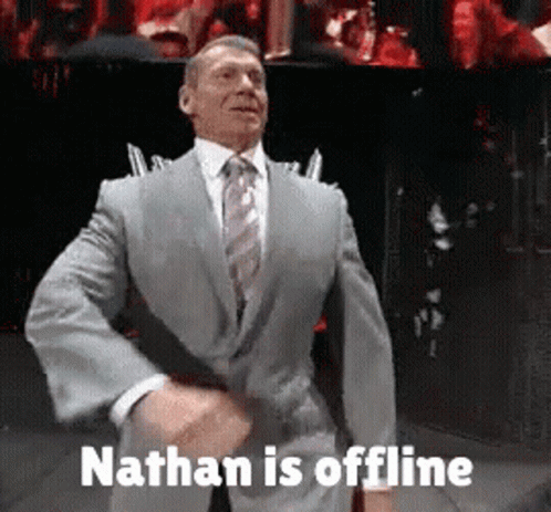 A Man In A Suit And Tie Is Dancing With The Words Nathan Is Offline Above Him GIF
