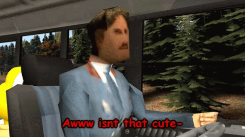 A Man In A Suit And Tie Is Driving A Bus And Says " Awww Isn't That Cute " GIF