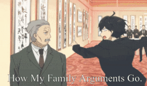 A Man In A Suit And Tie Is Fighting Another Man In A Room With The Words " How My Family Arguments Go " Below Him GIF