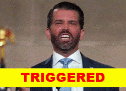 A Man In A Suit And Tie Is Giving A Speech Next To A Yellow Sign That Reads Triggered GIF