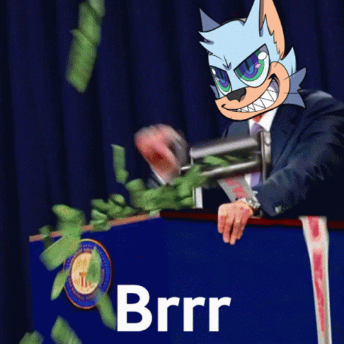 A Man In A Suit And Tie Is Giving A Speech While Money Is Falling Around Him And The Word Brrr Is On The Bottom GIF