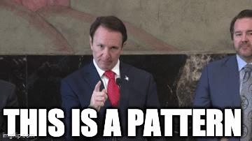 A Man In A Suit And Tie Is Giving A Speech With The Words " This Is A Pattern " Below Him GIF