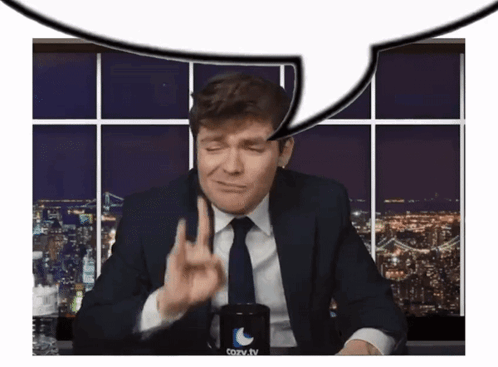 A Man In A Suit And Tie Is Giving The Middle Finger In Front Of A Cozy Tv Mug GIF