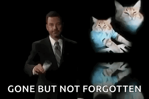 A Man In A Suit And Tie Is Holding A Cat With The Words `` Gone But Not Forgotten '' Above Him . GIF