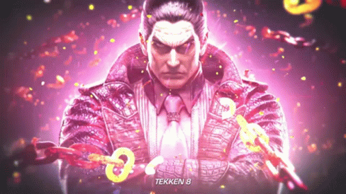 A Man In A Suit And Tie Is Holding A Chain And The Word Tekken 8 Is On The Bottom Of The Screen GIF