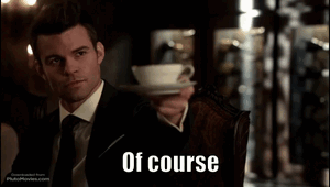 A Man In A Suit And Tie Is Holding A Cup Of Coffee With The Words Of Course Written On The Bottom GIF