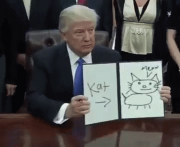 A Man In A Suit And Tie Is Holding A Drawing Of A Cat With The Word Kat Written On It GIF