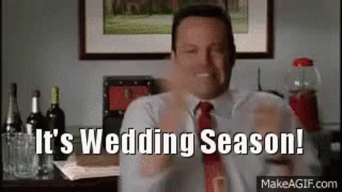 A Man In A Suit And Tie Is Holding A Glass Of Wine And Says `` It 'S Wedding Season ! '' GIF