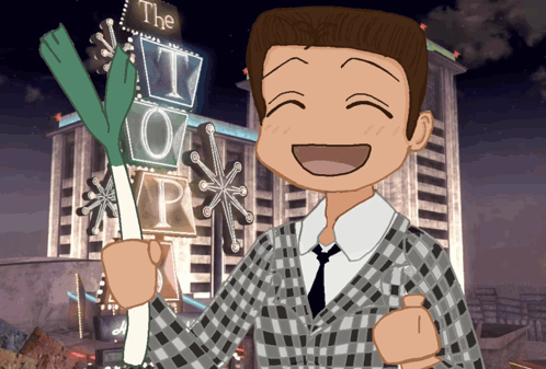 A Man In A Suit And Tie Is Holding A Green Stick In Front Of A Sign That Says The I Love Vegas GIF
