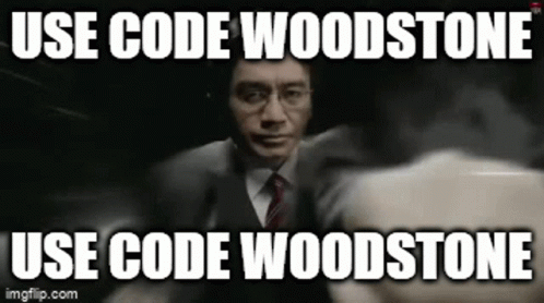 A Man In A Suit And Tie Is Holding A Gun With A Caption That Says Use Code Woodstone GIF