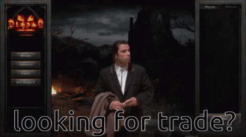 A Man In A Suit And Tie Is Holding A Piece Of Paper In Front Of A Screen That Says Looking For Trade GIF