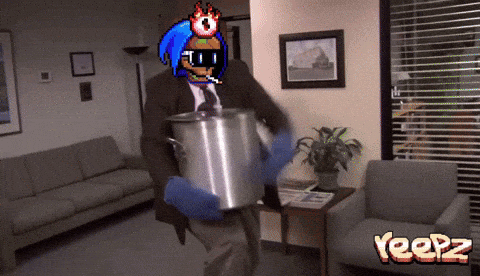 A Man In A Suit And Tie Is Holding A Pot In A Room With Yeez Written On The Bottom Right GIF