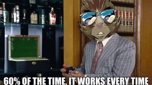 A Man In A Suit And Tie Is Holding A Watch With The Words " 60 % Of The Time It Works Every Time " Above Him GIF