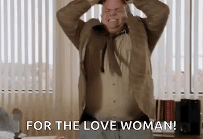 A Man In A Suit And Tie Is Holding His Head In His Hands And Saying `` For The Love Woman ! '' GIF