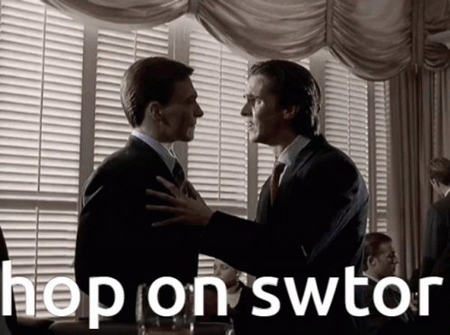 A Man In A Suit And Tie Is Hugging Another Man With The Words Hop On Swtor Below Them GIF