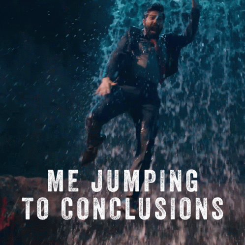 A Man In A Suit And Tie Is Jumping In The Water With The Words Me Jumping To Conclusions GIF