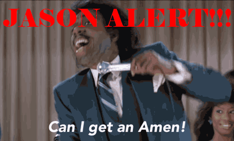 A Man In A Suit And Tie Is Laughing With The Words Jason Alert Can I Get An Amen Below Him GIF