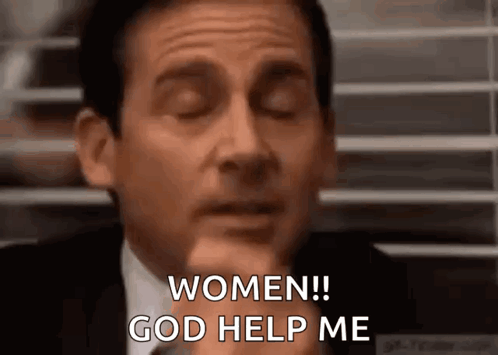 A Man In A Suit And Tie Is Making A Face And Saying `` Women ! God Help Me '' . GIF