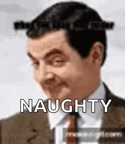 A Man In A Suit And Tie Is Making A Funny Face And The Word Naughty Is Visible Behind Him . GIF