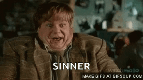 A Man In A Suit And Tie Is Making A Funny Face And The Word Sinner Is Behind Him . GIF