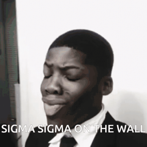 A Man In A Suit And Tie Is Making A Funny Face With The Words Sigma Sigma On The Wall Above Him GIF