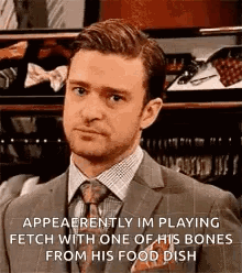 A Man In A Suit And Tie Is Playing Fetch With A Dog . GIF