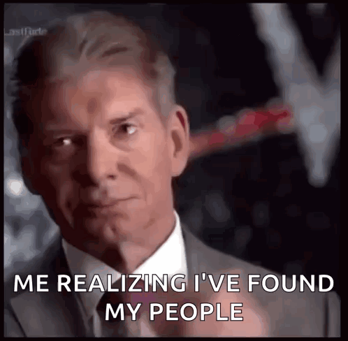 A Man In A Suit And Tie Is Pointing At The Camera And Says Me Realizing I 'Ve Found My People . GIF