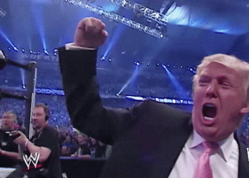 A Man In A Suit And Tie Is Raising His Fist In The Air In A Wrestling Ring . GIF