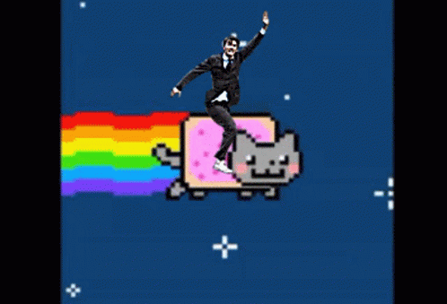 A Man In A Suit And Tie Is Riding On The Back Of A Nyan Cat GIF