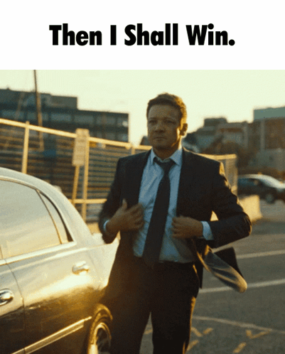 A Man In A Suit And Tie Is Running Towards A Car With The Words Then I Shall Win GIF