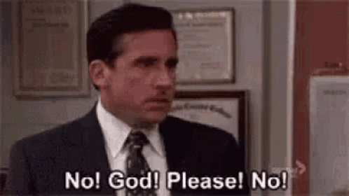 A Man In A Suit And Tie Is Saying No ! God ! Please ! No ! In An Office . GIF
