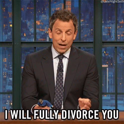 A Man In A Suit And Tie Is Saying That He Will Fully Divorce His Wife GIF