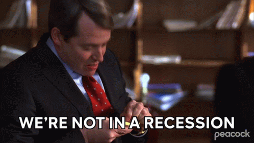 A Man In A Suit And Tie Is Saying " We 'Re Not In A Recession " GIF