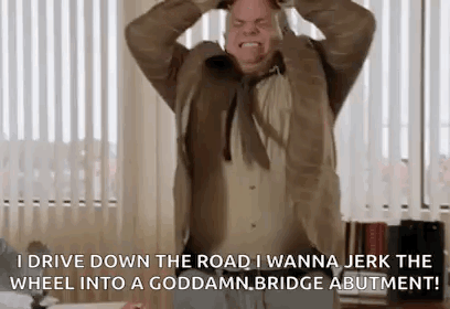A Man In A Suit And Tie Is Screaming And Holding His Head While Saying I Drive Down The Road I Wanna GIF