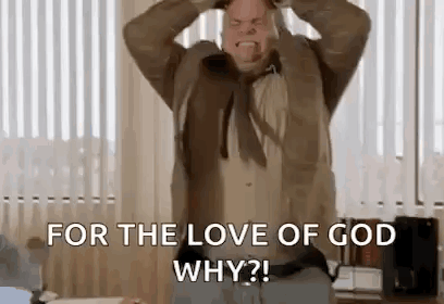A Man In A Suit And Tie Is Screaming With His Hands On His Head And Says `` For The Love Of God Why ? '' GIF