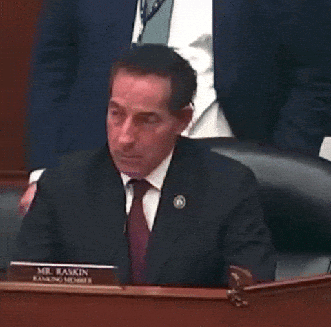 A Man In A Suit And Tie Is Sitting At A Desk With A Name Tag That Says Mr. Raskin GIF
