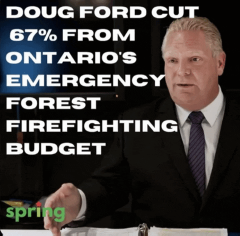 A Man In A Suit And Tie Is Sitting At A Desk With The Words Doug Ford Cut 67% From Ontario 'S GIF