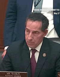 A Man In A Suit And Tie Is Sitting At A Table With A Name Plate That Says Mr. Raskin Banking Member GIF