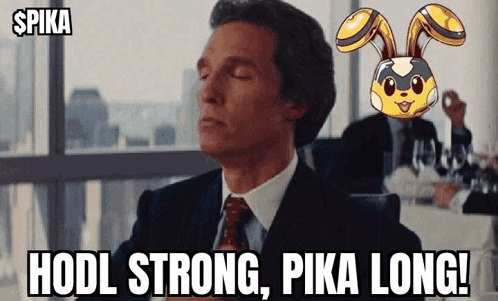 A Man In A Suit And Tie Is Sitting At A Table With His Eyes Closed And The Words " Hodl Strong Pika Long " On The Screen GIF