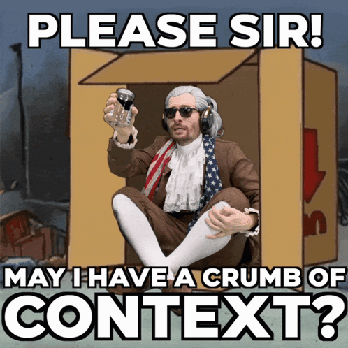 A Man In A Suit And Tie Is Sitting In A Cardboard Box With The Words Please Sir May I Have A Crumb Of Context? GIF
