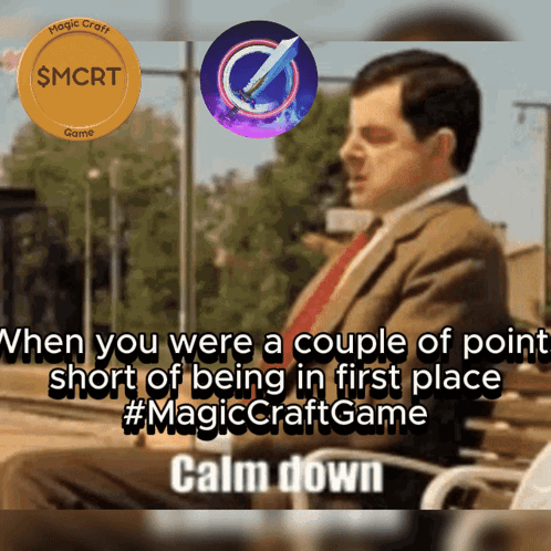 a man in a suit and tie is sitting in front of a sign that says $ mcrt game