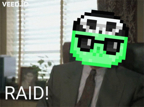 A Man In A Suit And Tie Is Sitting In Front Of A Window With A Pixelated Face And The Words Raid Below Him GIF