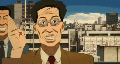 A Man In A Suit And Tie Is Smiling In Front Of A City Skyline GIF